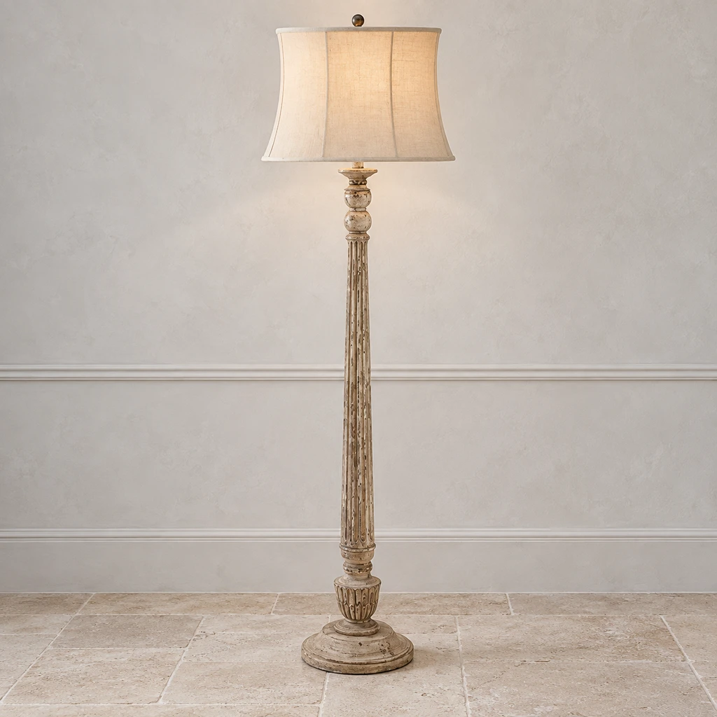 Margot French vintage fluted carved wood floor lamp against neutral plaster