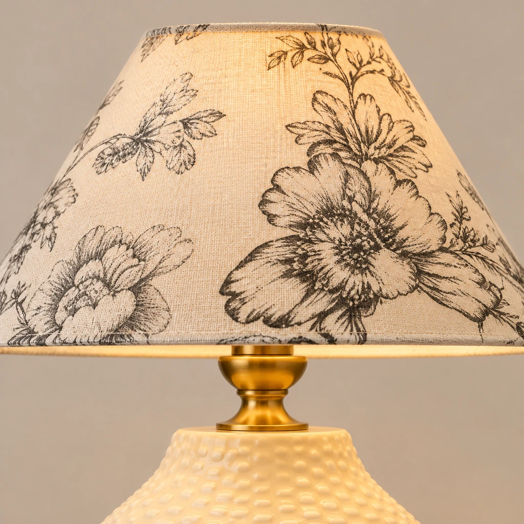 Close detail of the floral fabric shade and brass neck