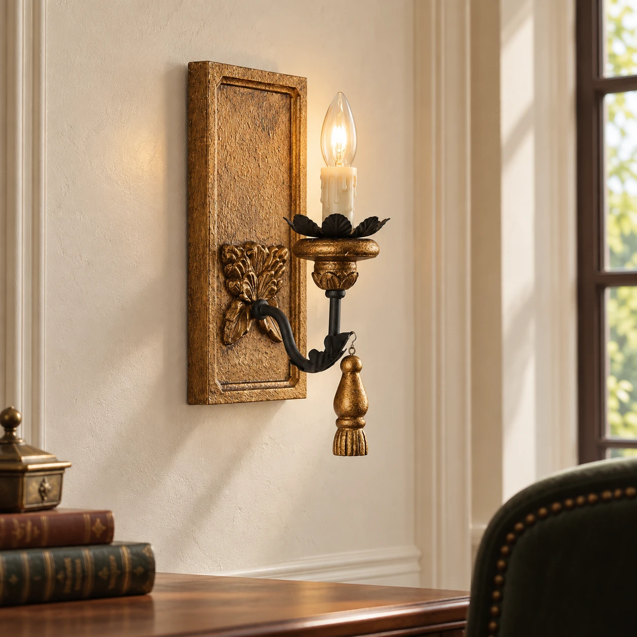 Single carved wood sconce mounted in a vintage room