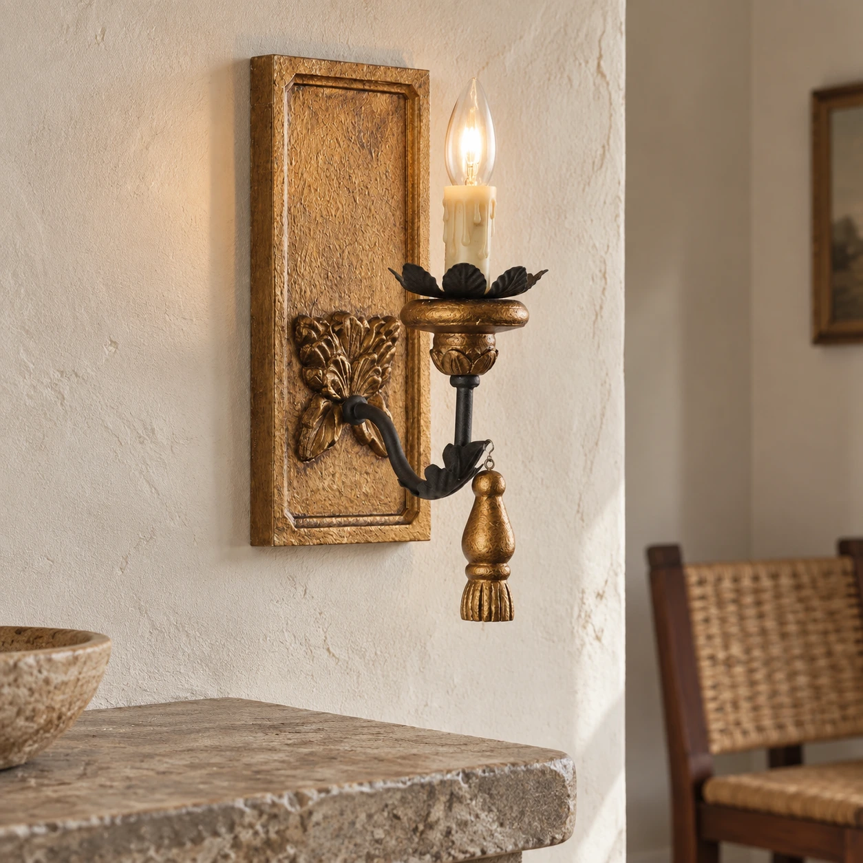Carved wood wall sconce in a hallway setting