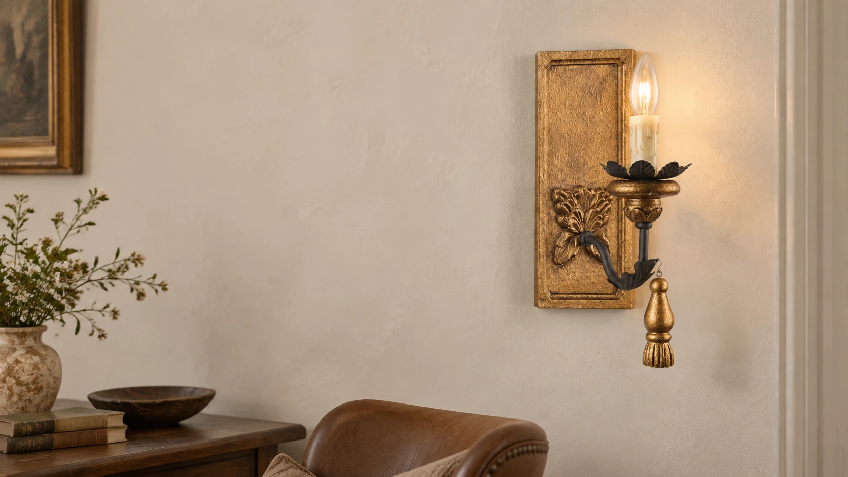 Carved wood wall sconce in a balanced vintage interior