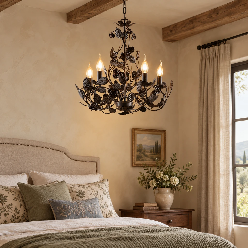 Cleo leaf chandelier in a French rustic bedroom