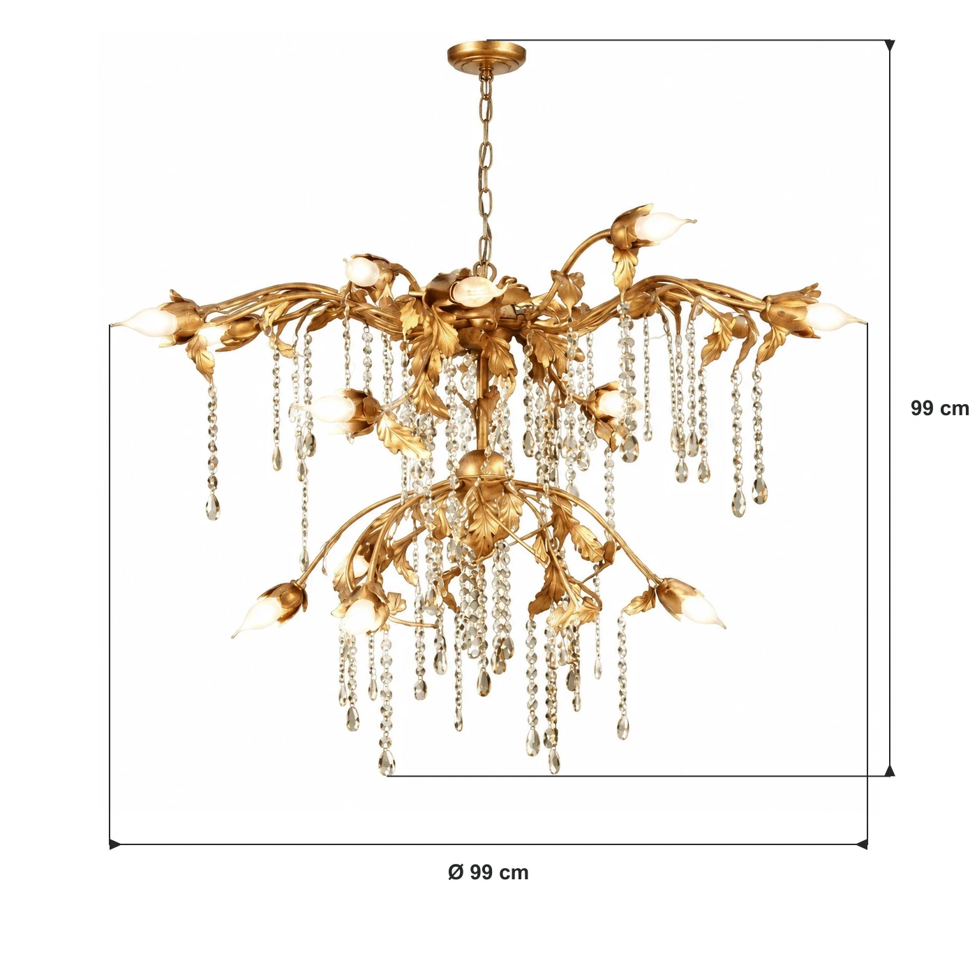 Verified dimensions for the antique gold finish: 99 cm diameter, 99 cm height