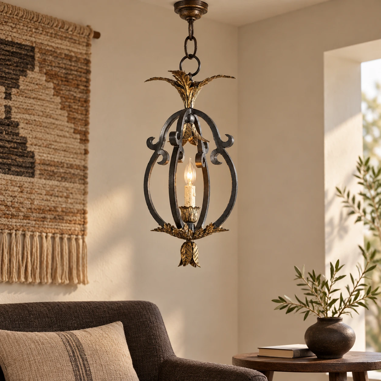 Iron pendant illuminating a quiet reading alcove