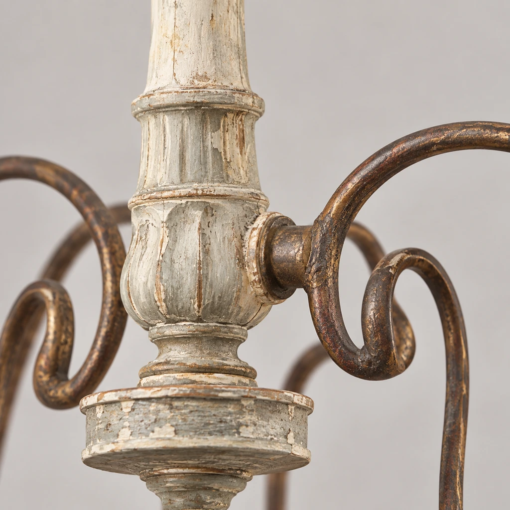 Close detail of the distressed carved wood chandelier column