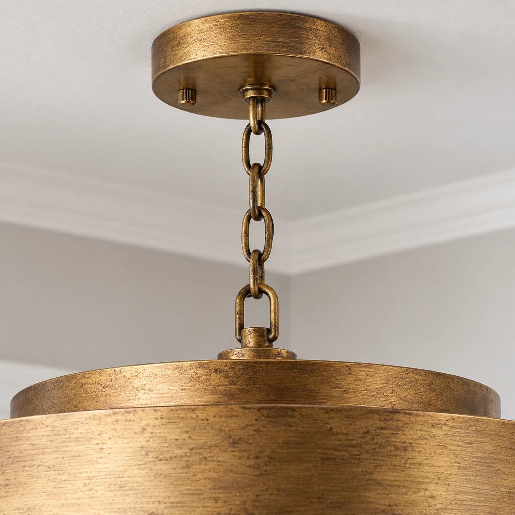 Close detail of Isla antique-gold chain and ceiling canopy