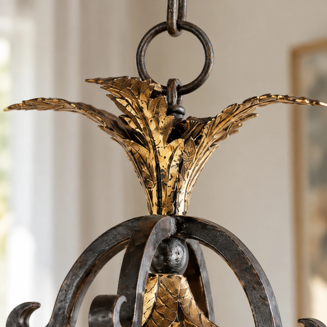 Botanical metal ornament near upper ring