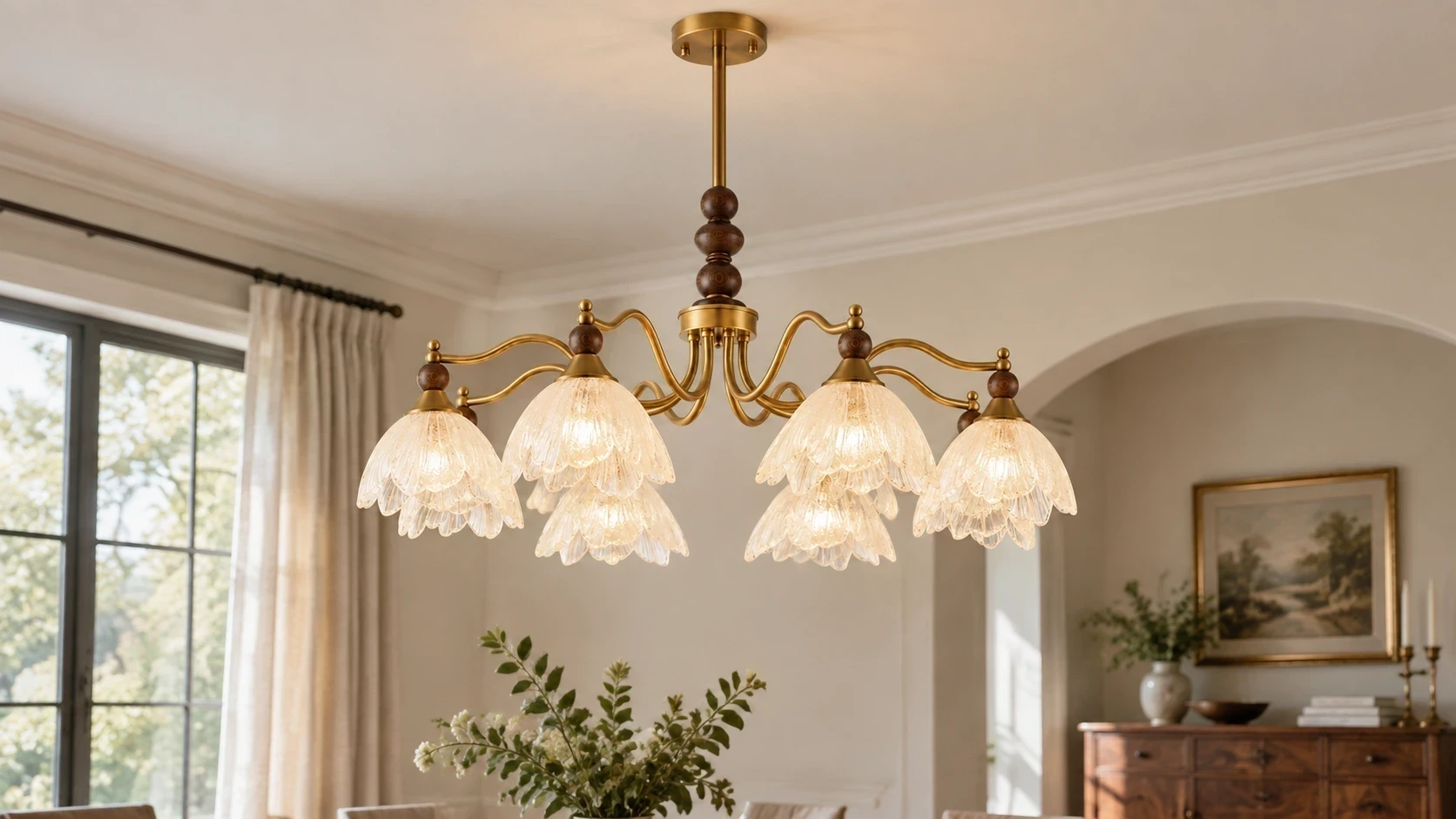 Wushlp Vintage Petal Glass Branch Chandelier installed in a bright entry hall