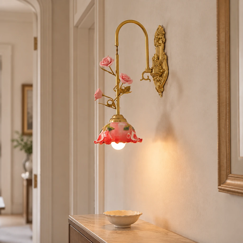 Odette wall sconce on a pale limestone corridor wall