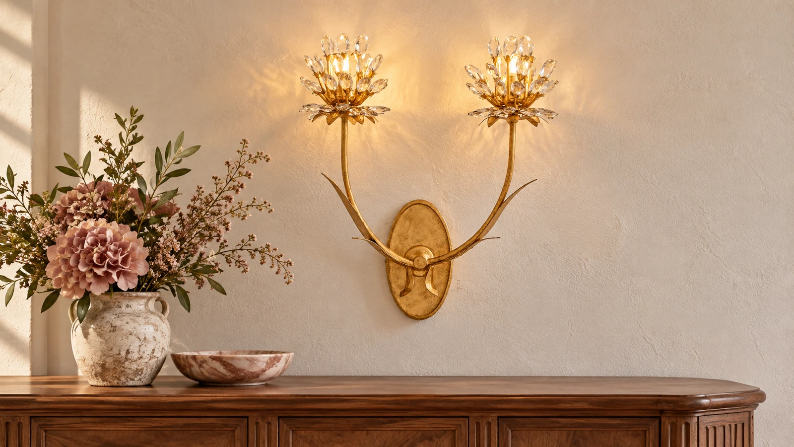 Aria crystal flower wall light on a French vintage console