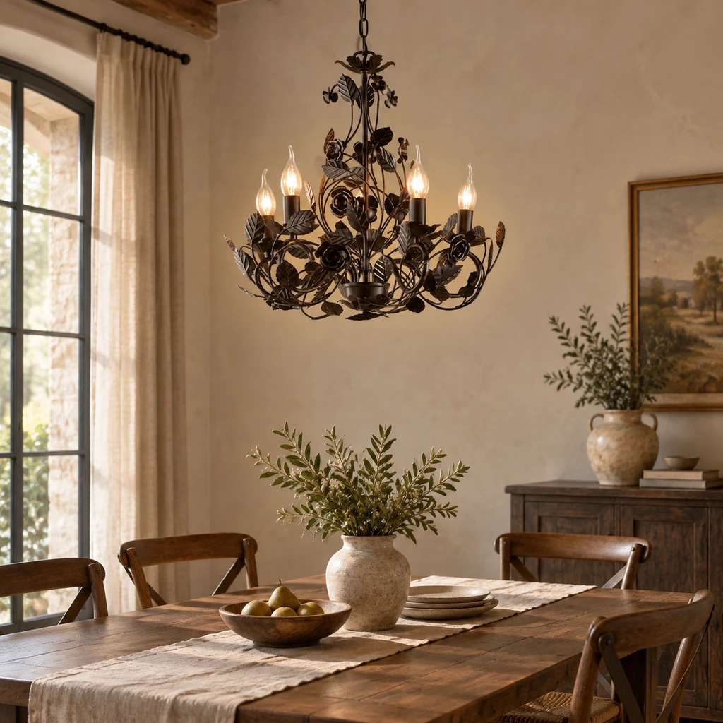 Cleo leaf chandelier over a French rustic dining table