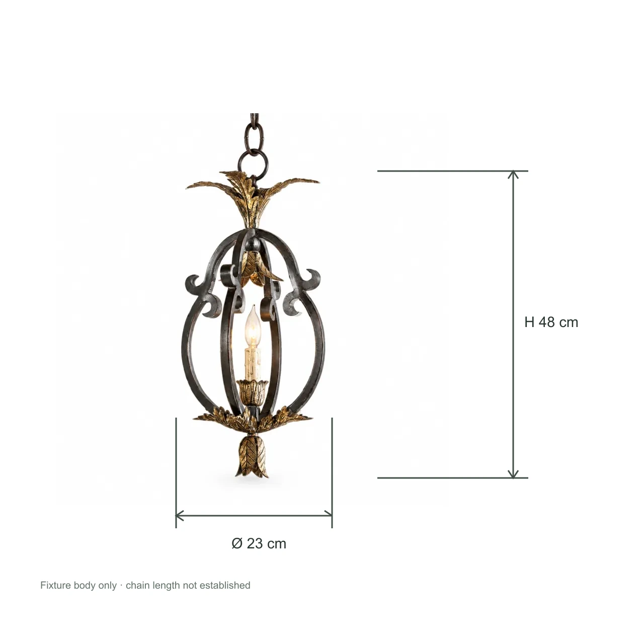 Open iron pendant fixture 48 centimetres high and 23 centimetres in diameter, excluding chain