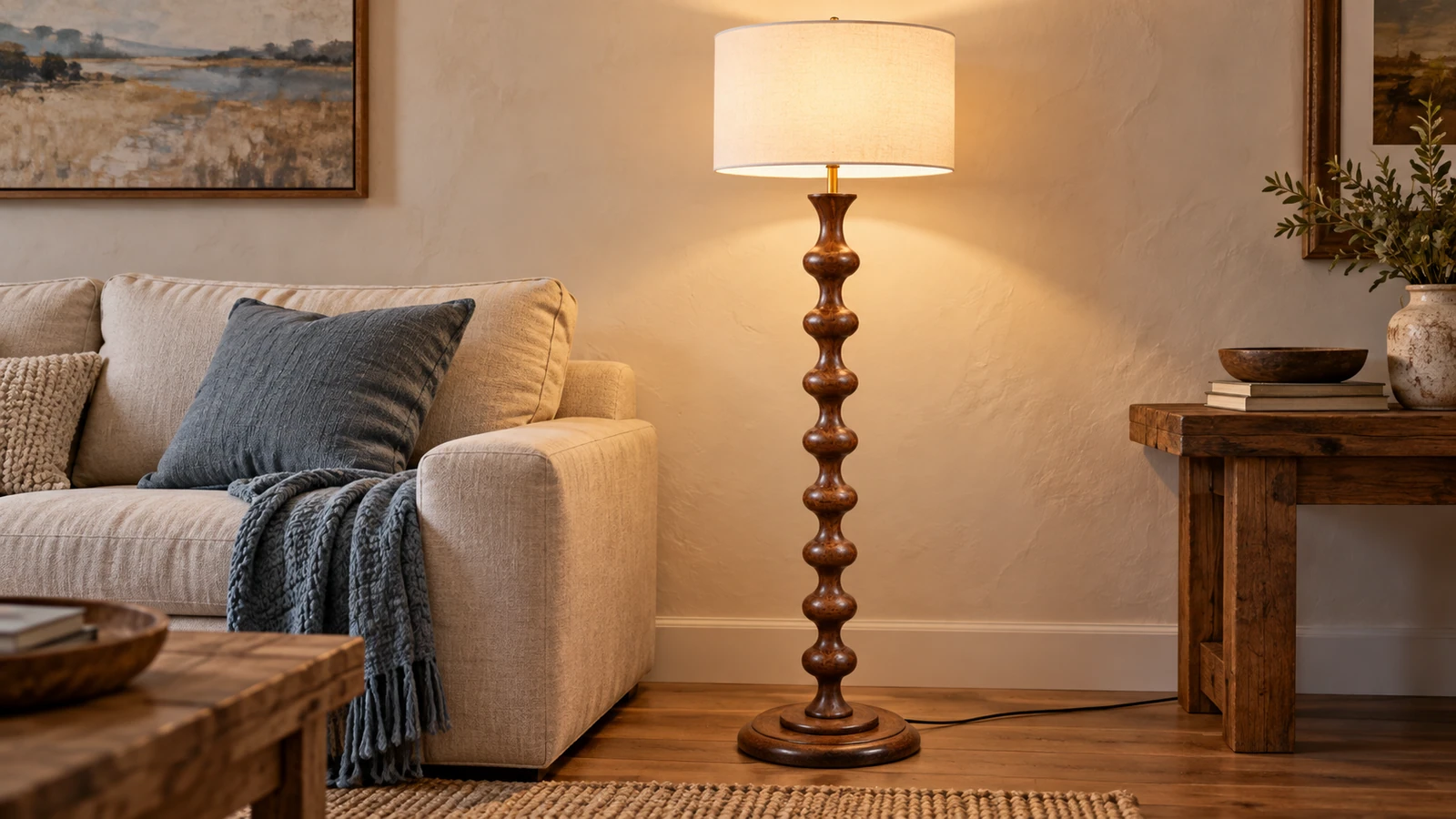Avery sculpted walnut wood floor lamp beside an American rustic sofa