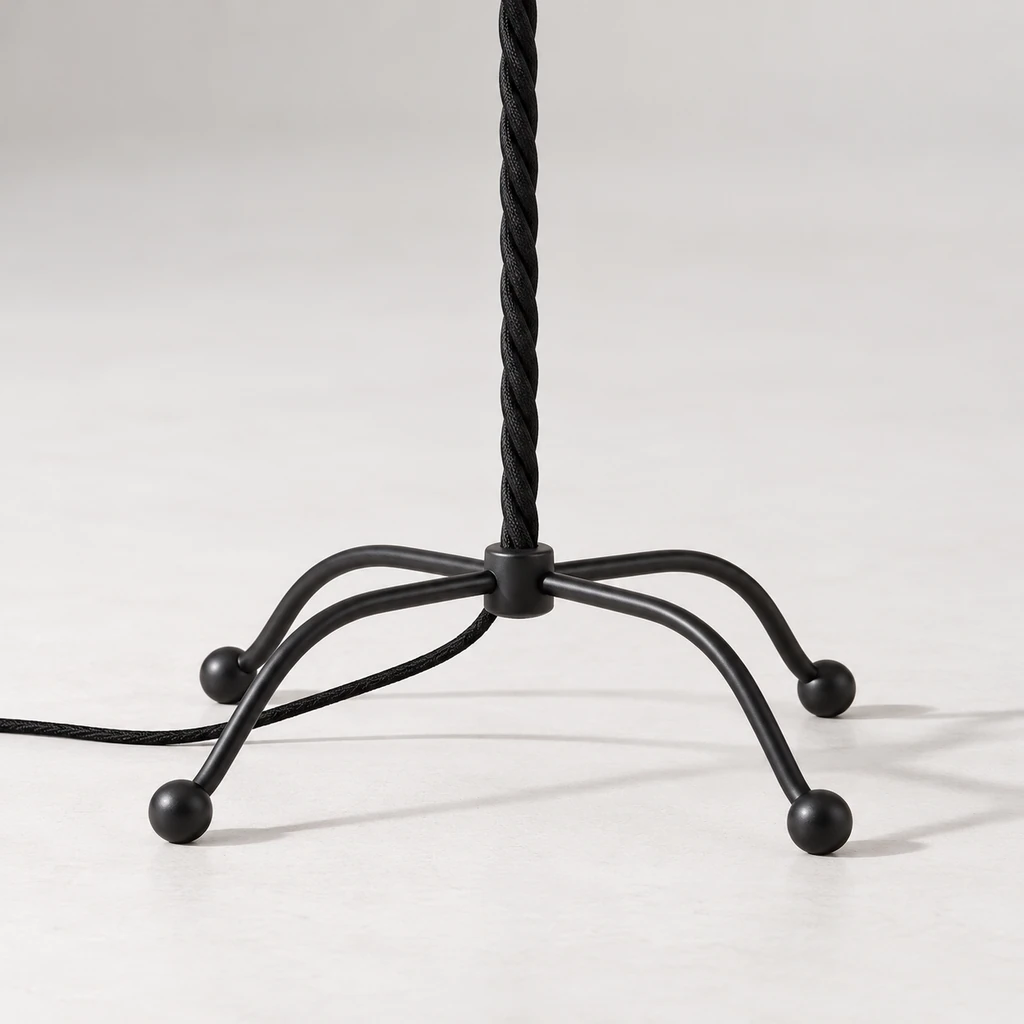 Close detail of Sage four-point black metal base and cord exit