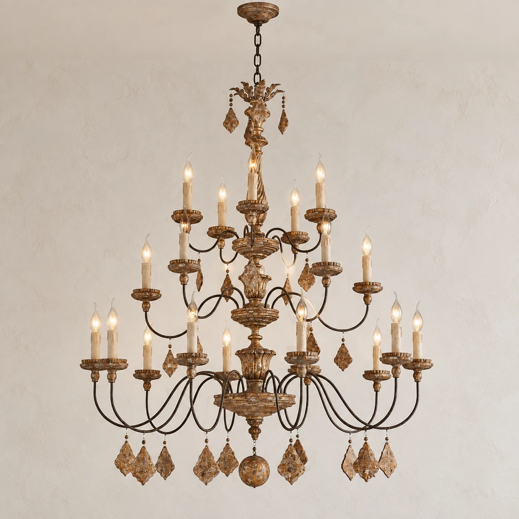 Marlowe American vintage carved wood chandelier in a pale architectural hall