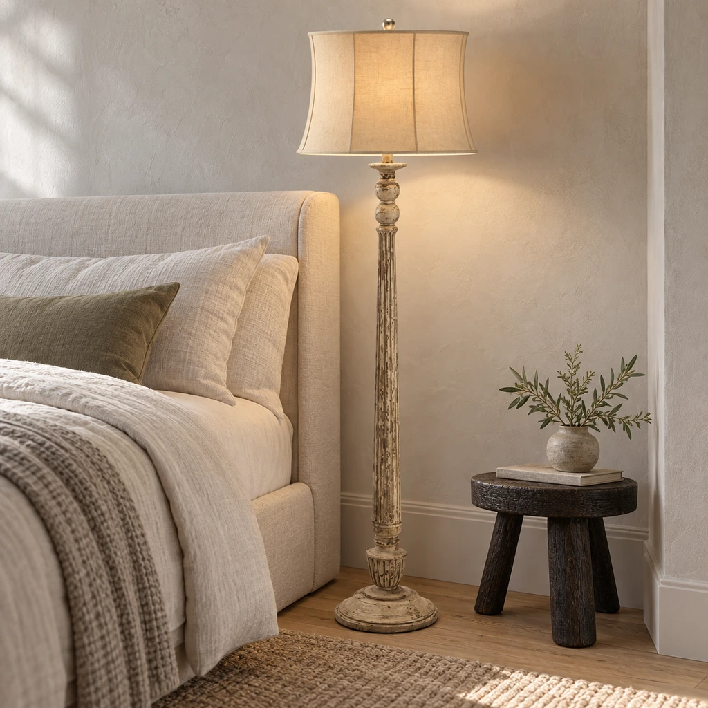 Margot floor lamp in a quiet bedroom reading setting
