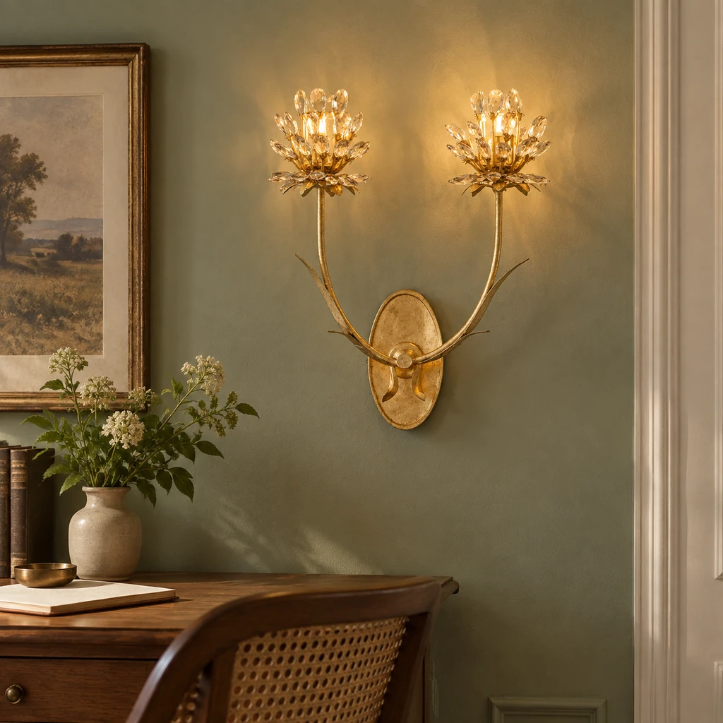 Aria crystal flower wall light in a study nook