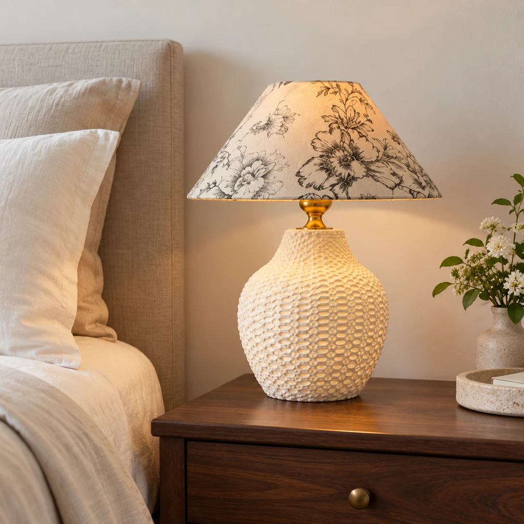 Celeste ceramic table lamp on a walnut bedside table