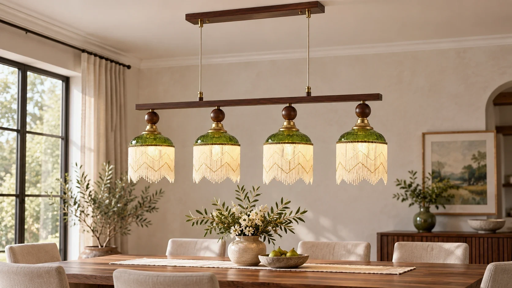 Wushlp Vintage Four-Light Green Glass Linear Pendant Light installed in a bright entry hall