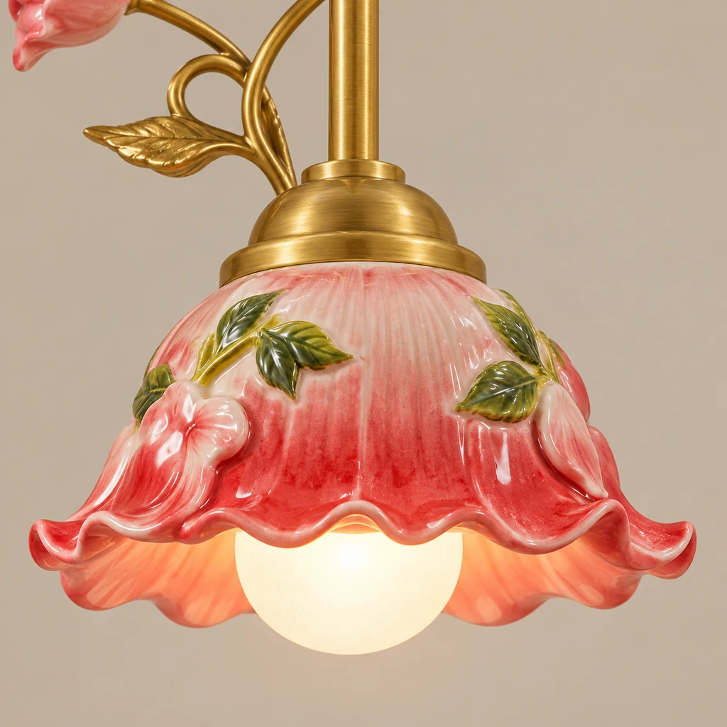 Close detail of the ceramic flower shade and petal rim