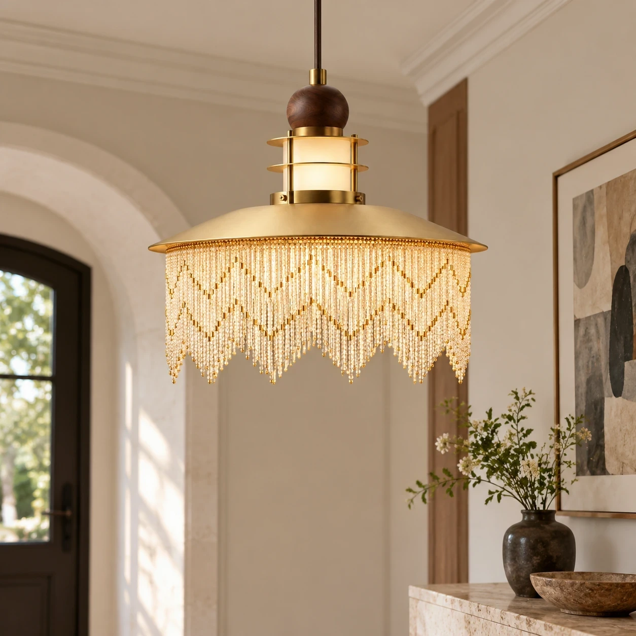 Wushlp Vintage Fringe Wood Pendant Light in a corridor