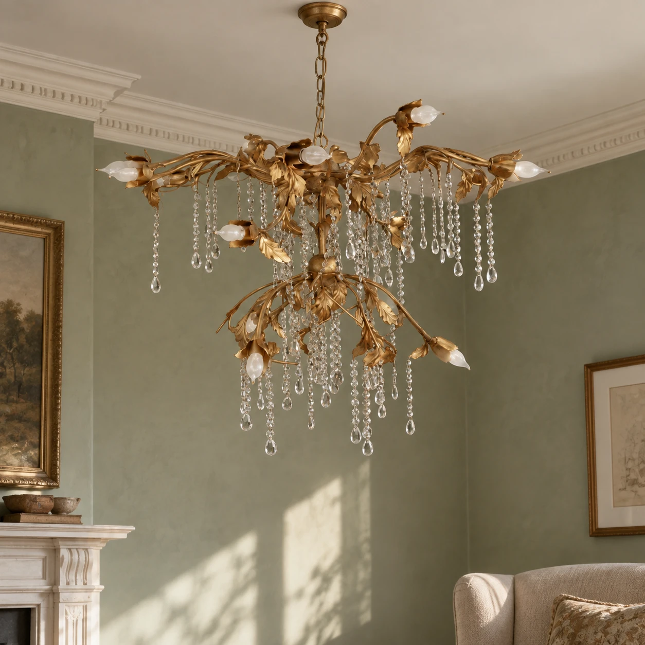 Antique gold chandelier in a residential sitting room