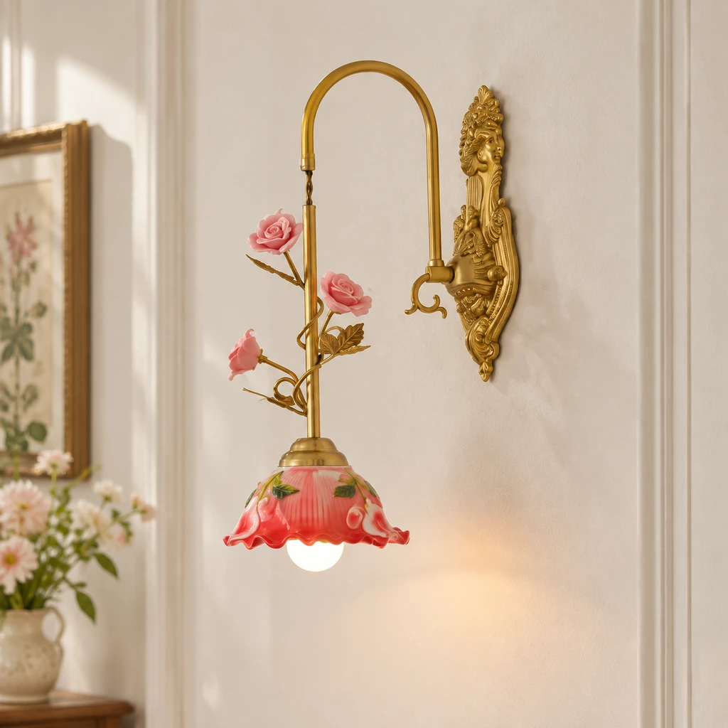 Odette mid-century floral brass ceramic wall sconce on pale plaster