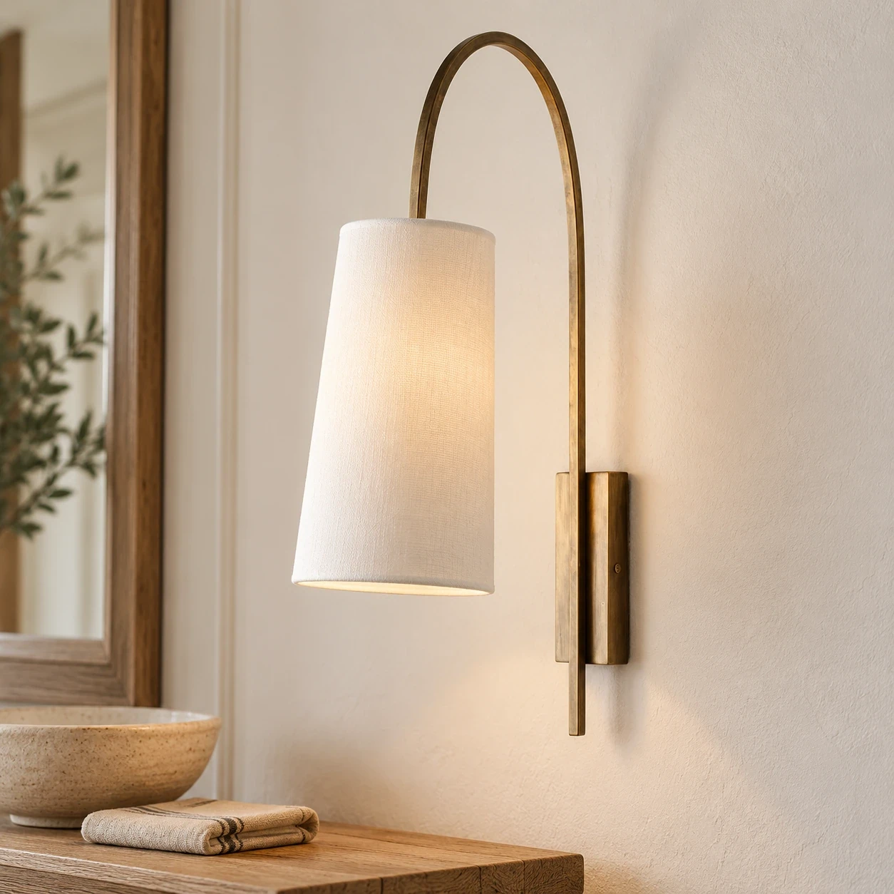 Antique-gold fabric wall sconce in an entry