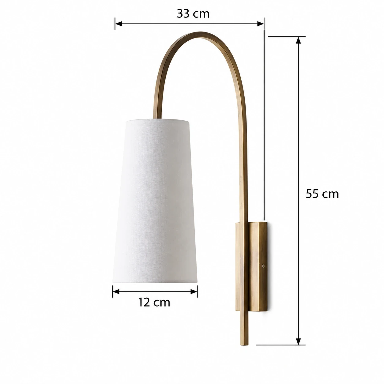 Wall sconce diagram showing 12 cm width, 55 cm height, and 33 cm depth