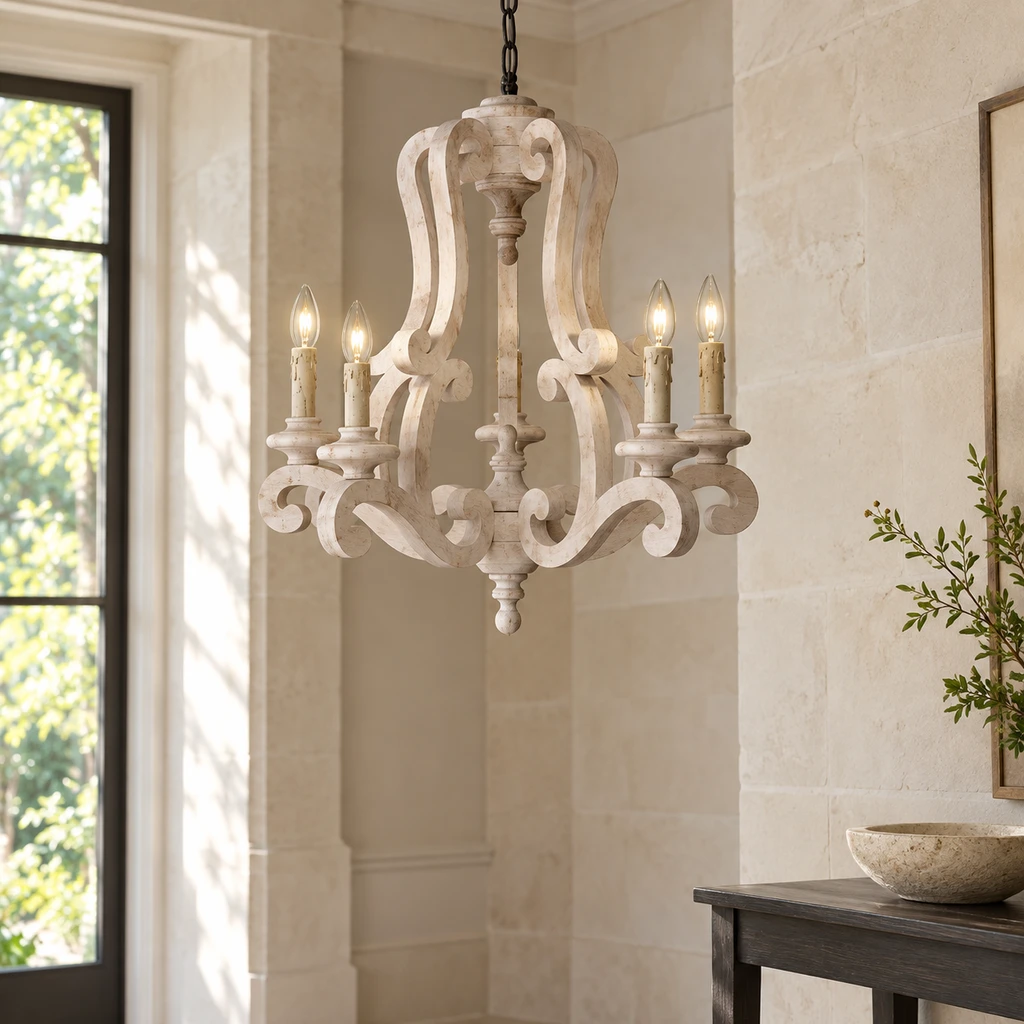 Beatrice chandelier suspended high in a pale entry hall