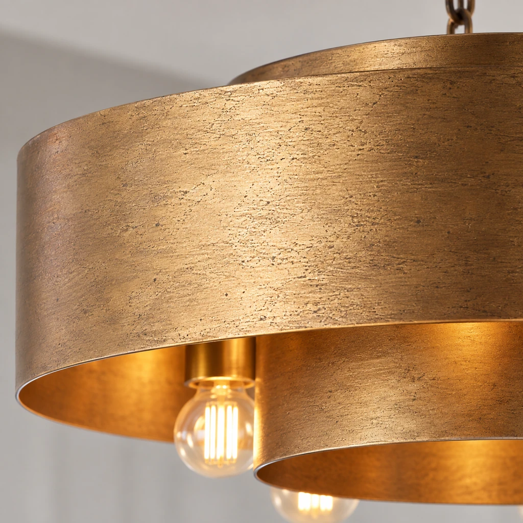 Close detail of Isla textured antique-gold outer ring and warm light