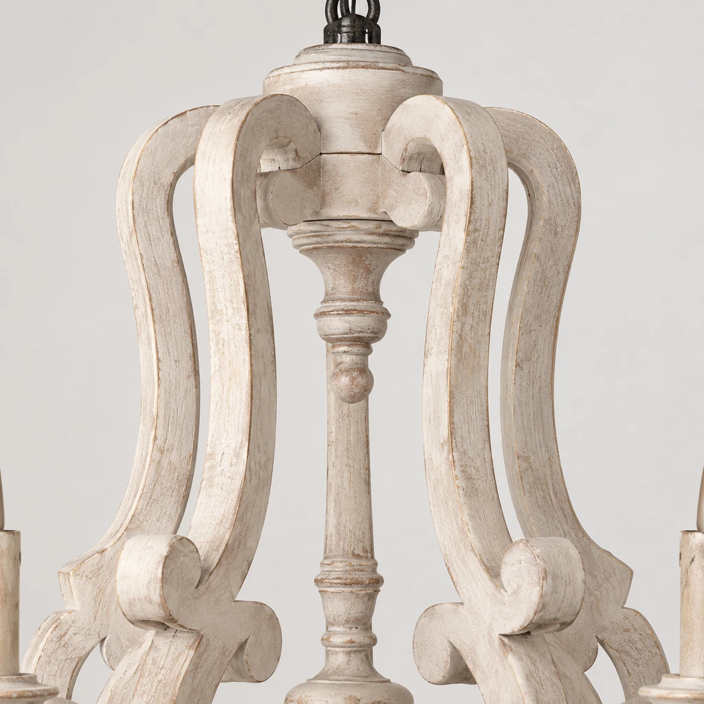 Close detail of the open carved wood crown and central finial