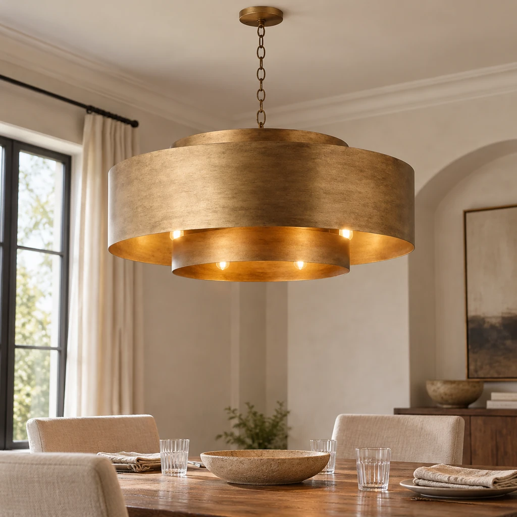 Isla layered antique-gold pendant above a collected dining table