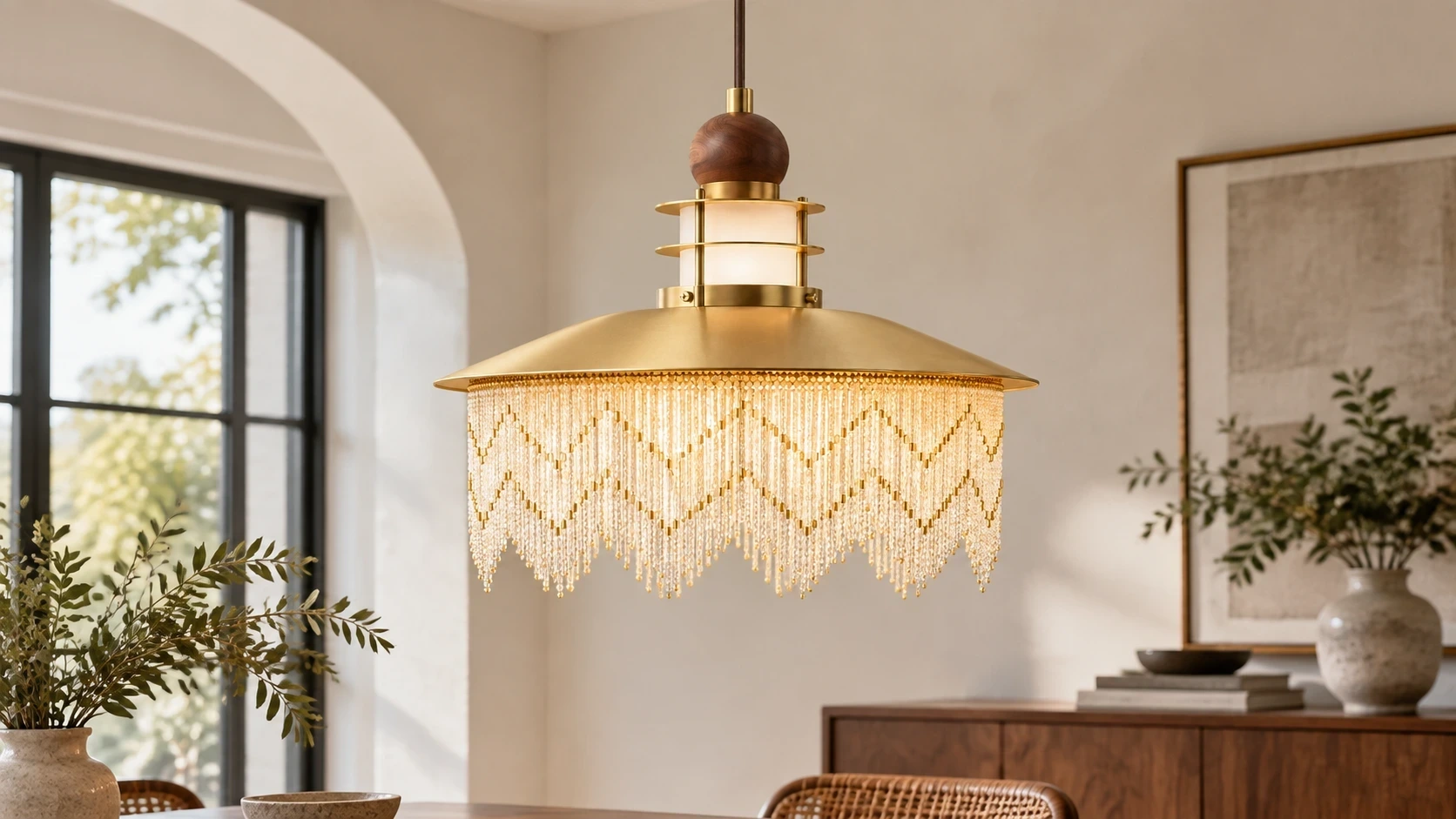 Wushlp Vintage Fringe Wood Pendant Light installed in a bright entry hall