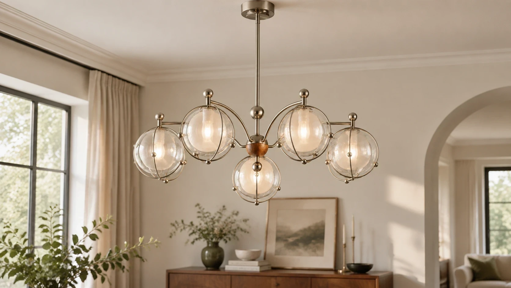 Wushlp Vintage Planet Glass Branch Chandelier installed in a bright entry hall