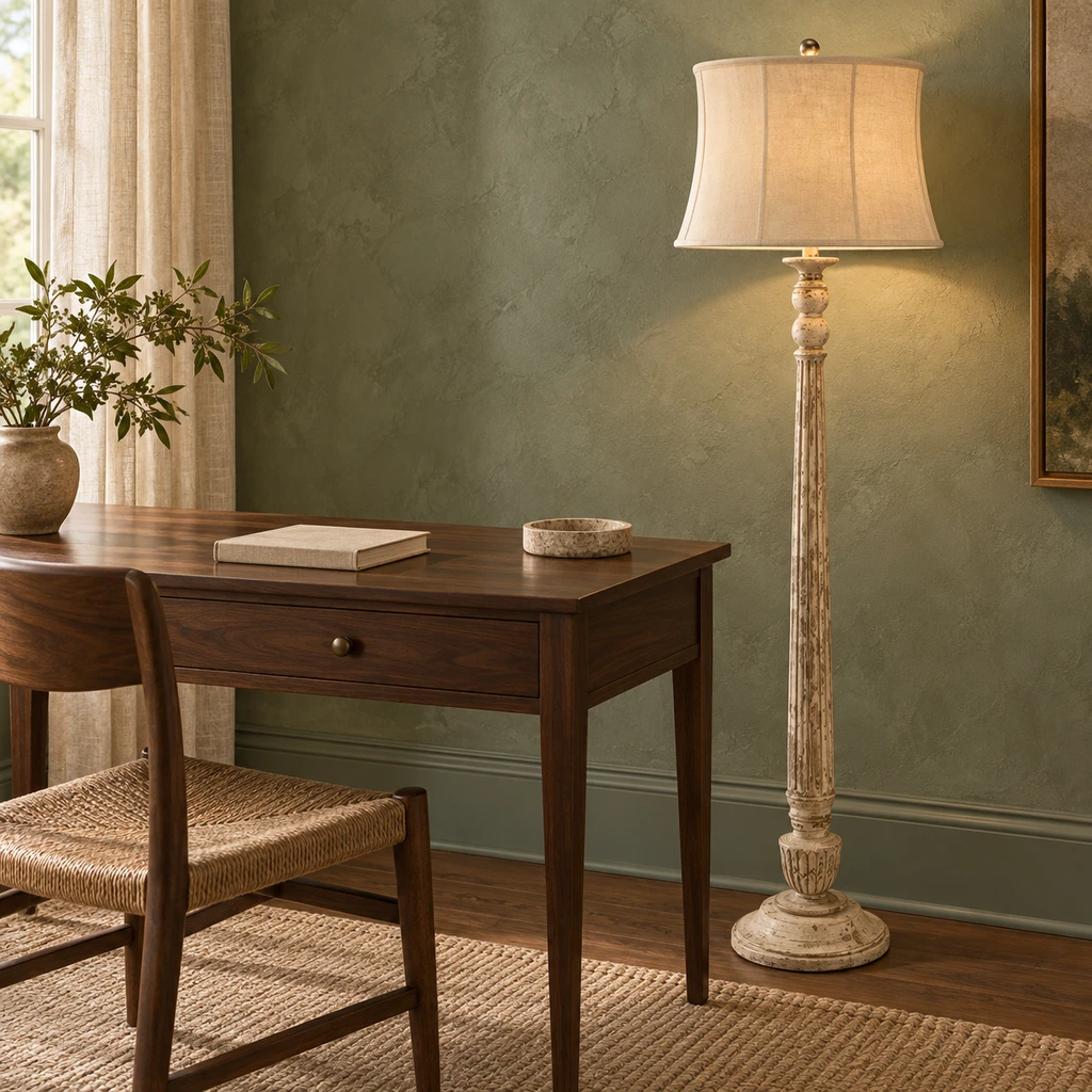 Margot floor lamp beside a dark walnut study desk