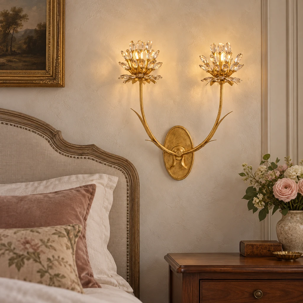 Aria crystal flower wall light in a French vintage bedroom