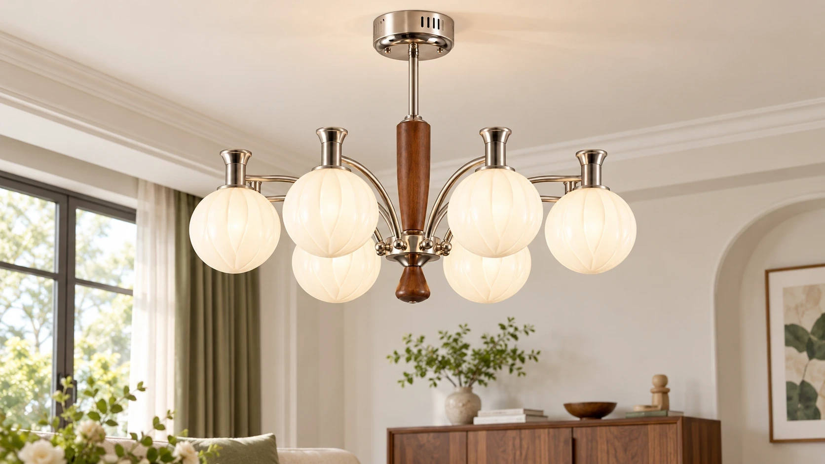 Wushlp Vintage Branch Wood Glass Chandelier installed in a bright entry hall