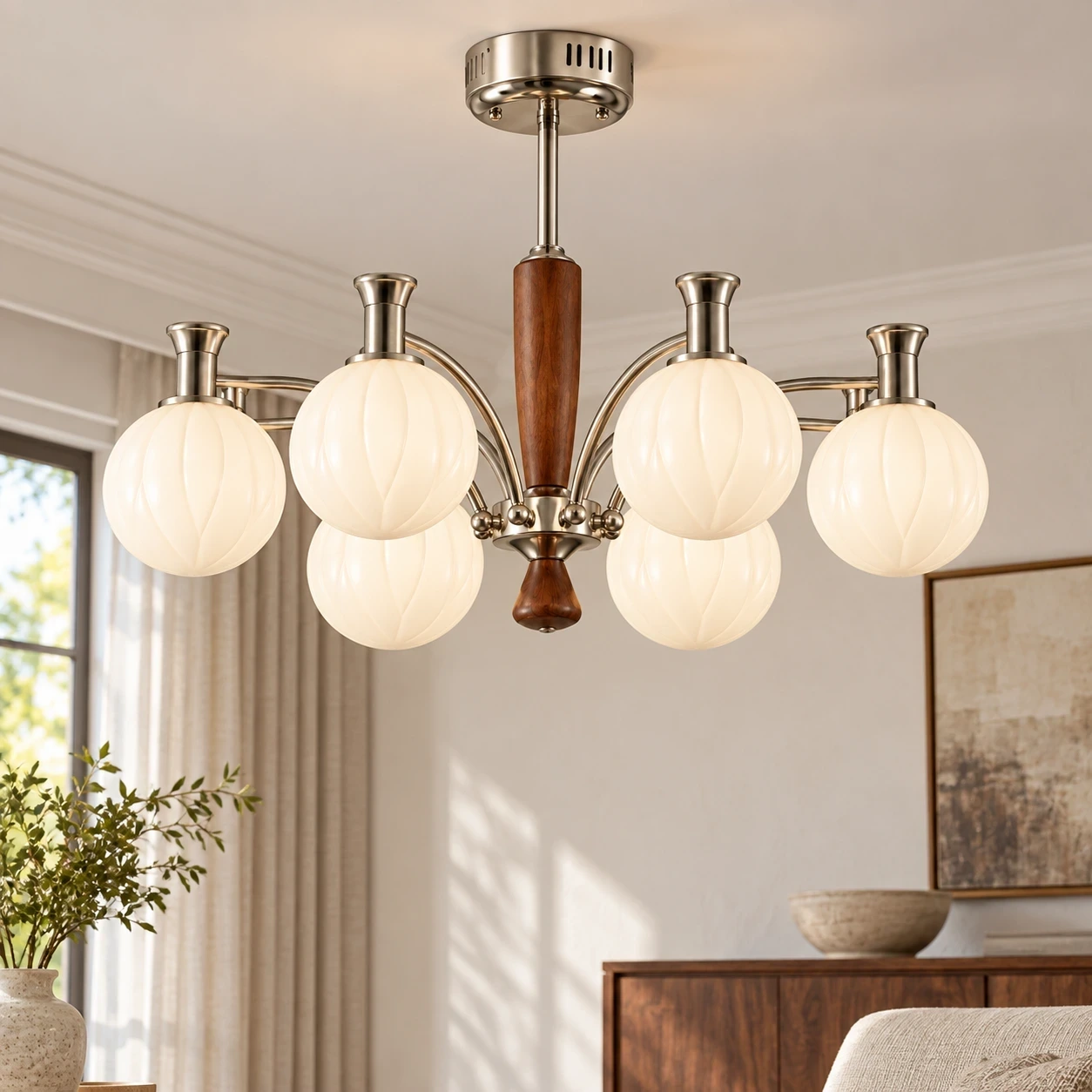 Wushlp Vintage Branch Wood Glass Chandelier installed beside a bed