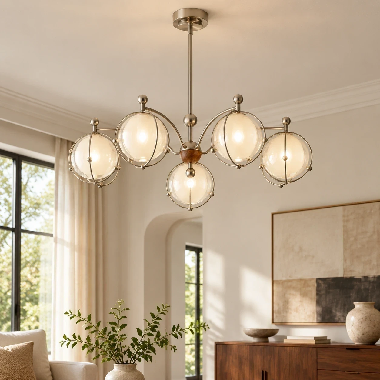 Wushlp Vintage Planet Glass Branch Chandelier installed beside a bed