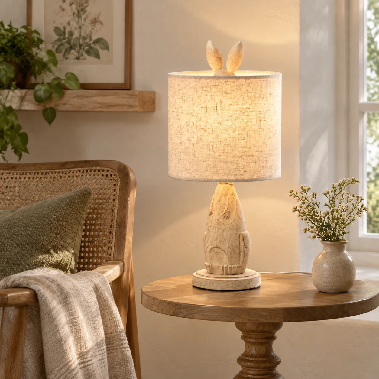 Carved rabbit table lamp beside a cane chair