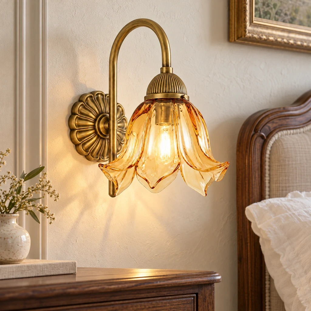 Wushlp Vintage Amber-Petal Glass Wall Light beside a bedroom