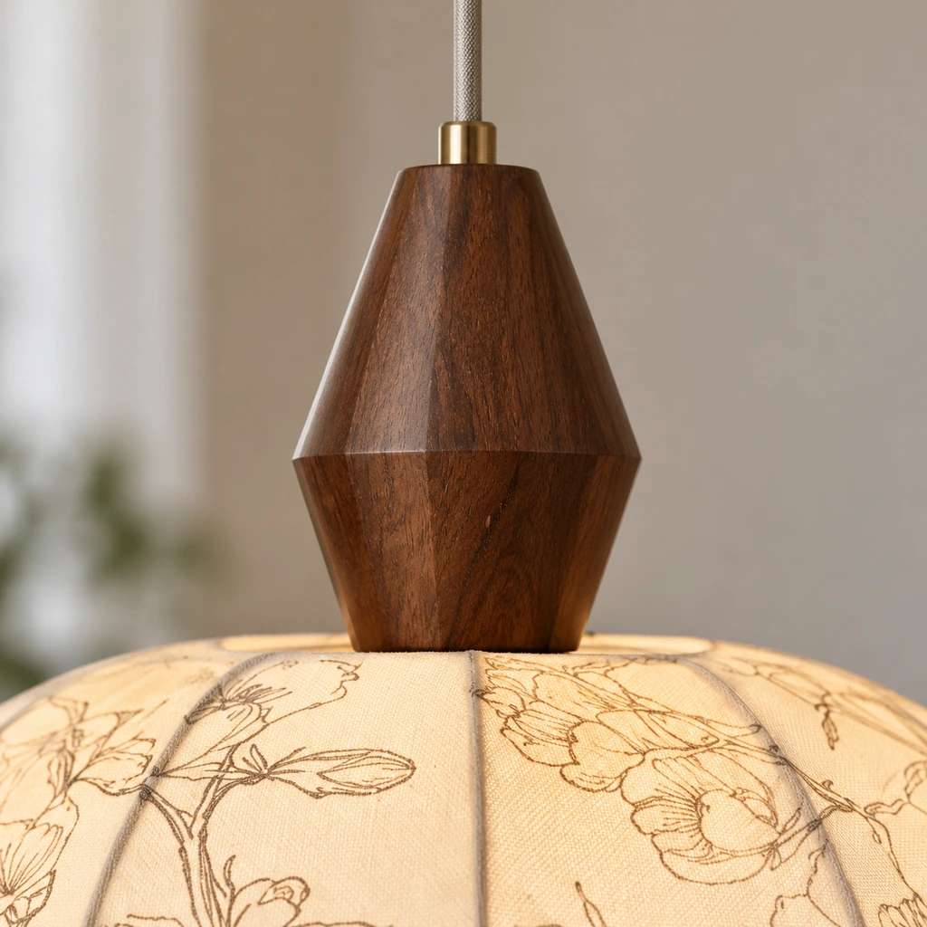 Close view of Amelia American Vintage Floral Wood & Fabric Pendant Light faceted dark wood cap