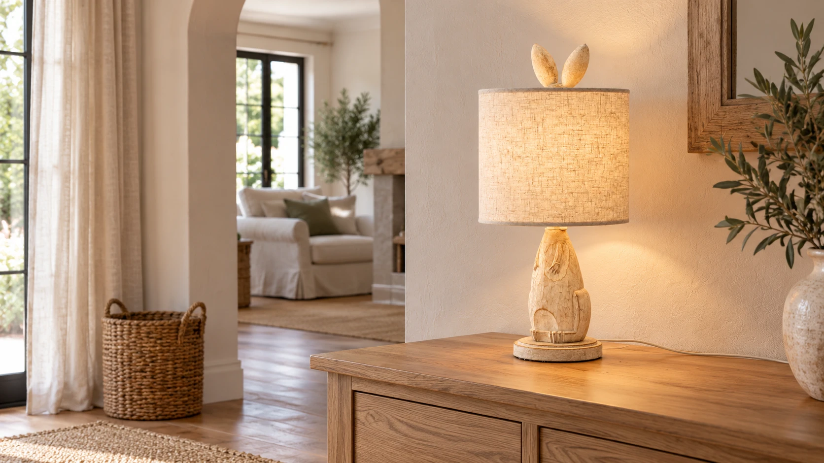Natural washed-wood bunny table lamp in a country home entry