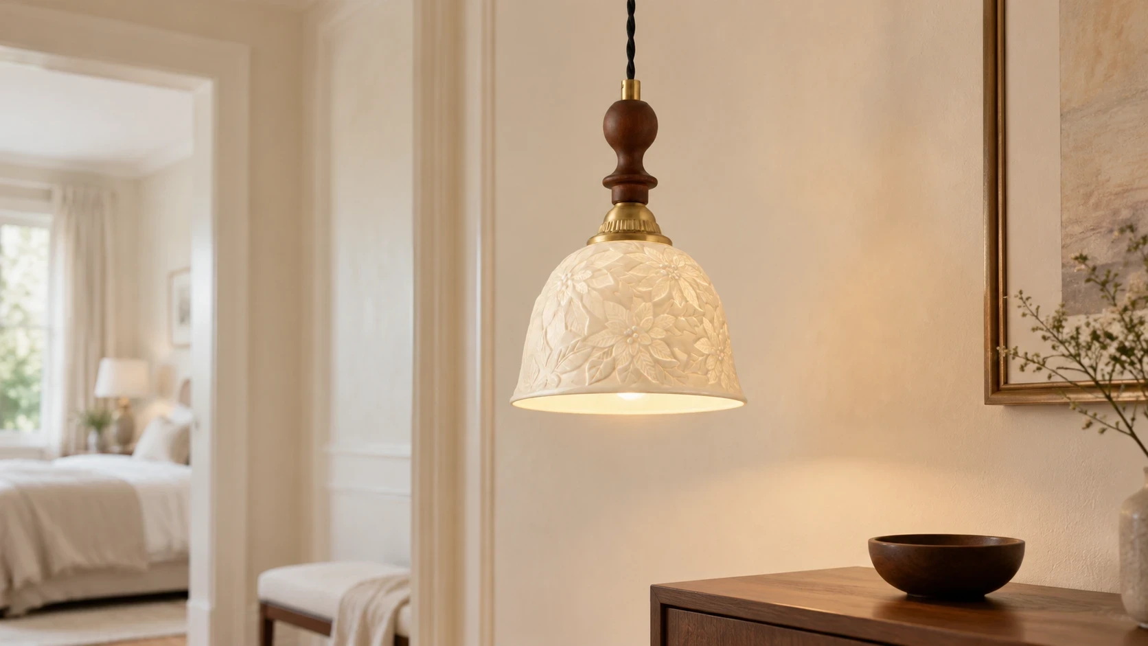 Wushlp Vintage Embossed Ceramic and Solid-Wood Pendant Light installed in a bright bedroom hallway