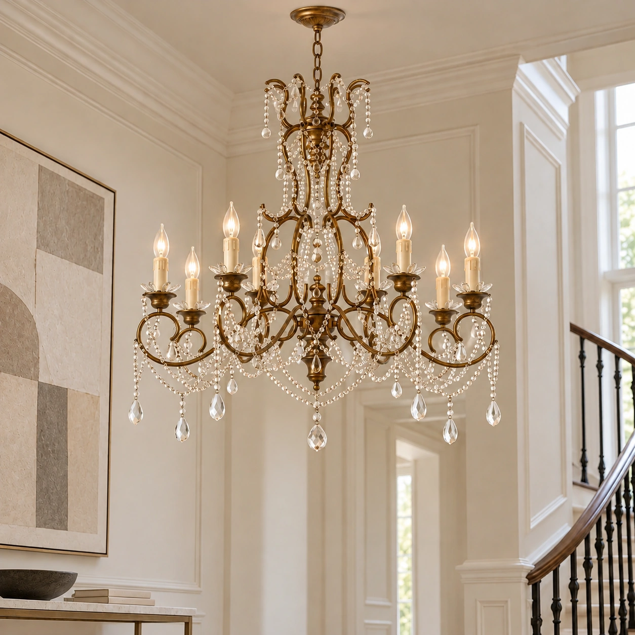 American rustic crystal chandelier in a foyer