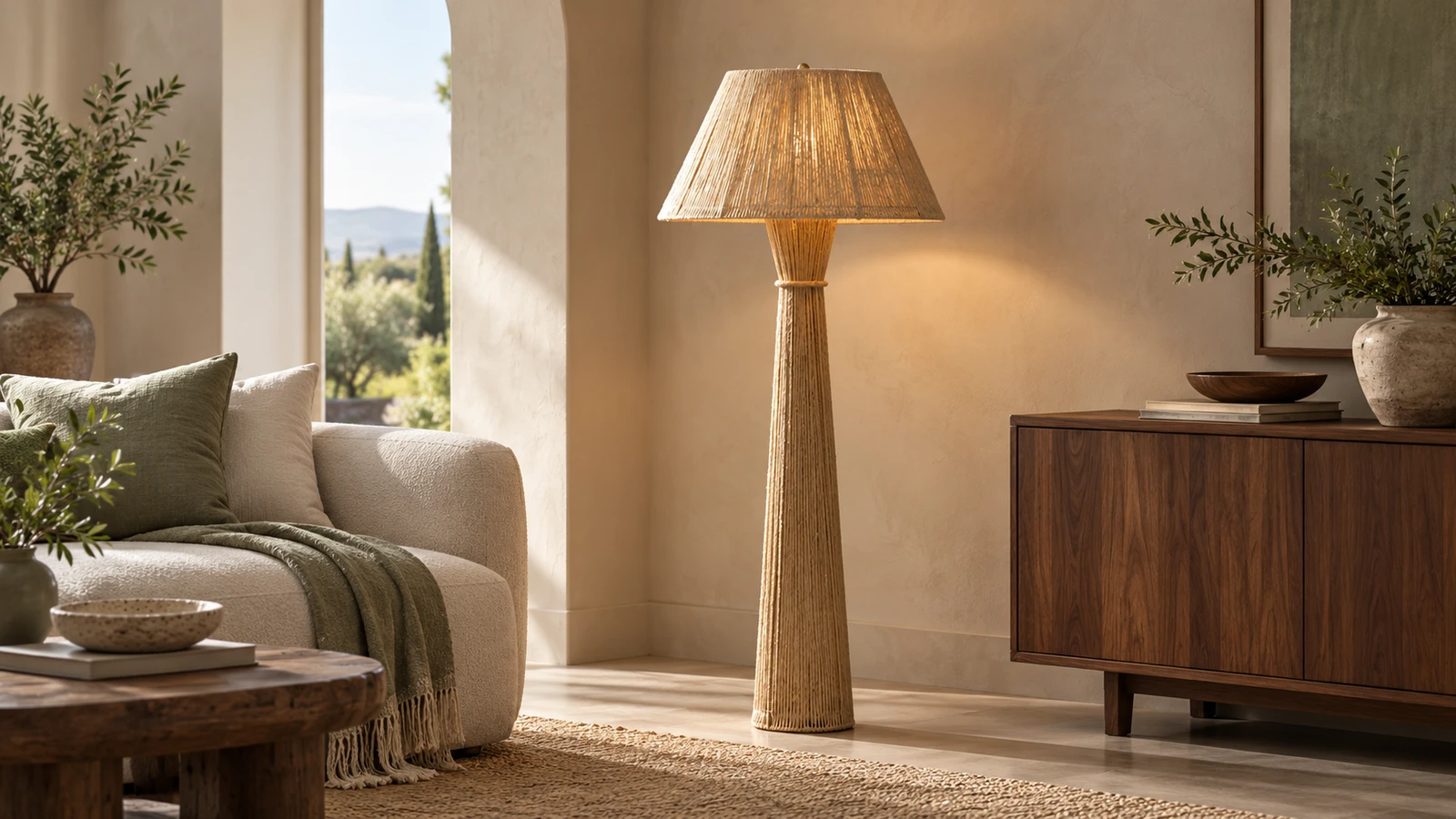 Dahlia woven floor lamp beside a French vintage console