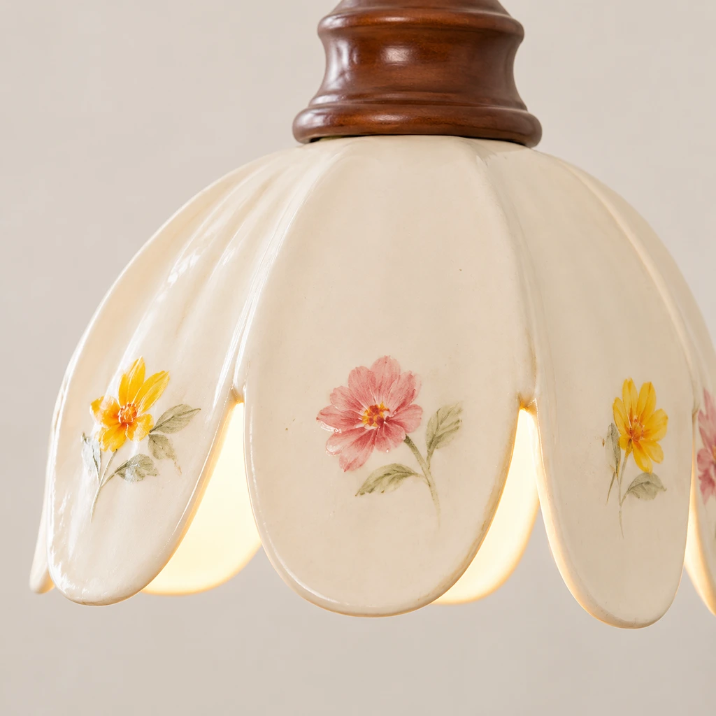 Close detail of the scalloped ceramic floral shade