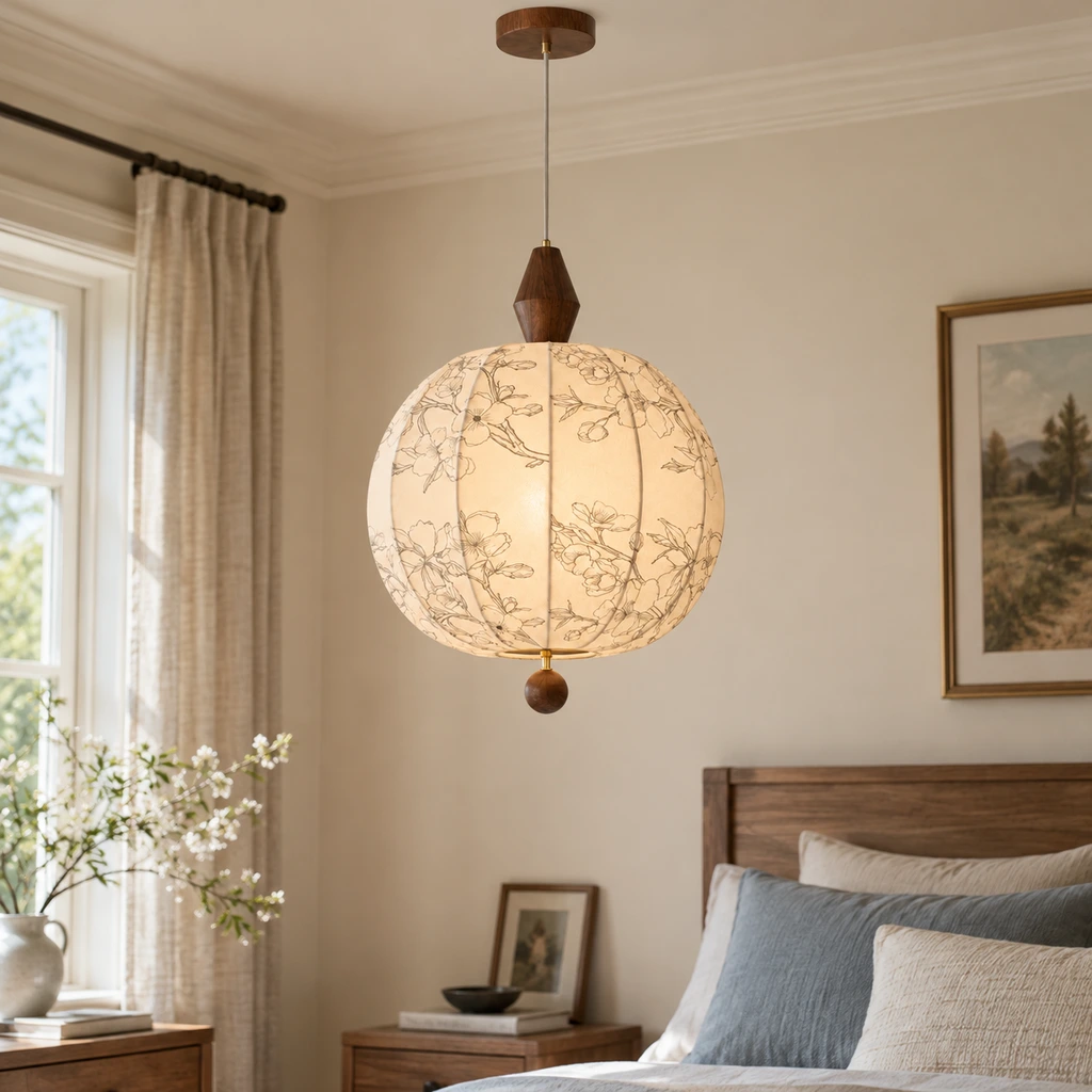 Amelia American Vintage Floral Wood & Fabric Pendant Light in a narrow hallway
