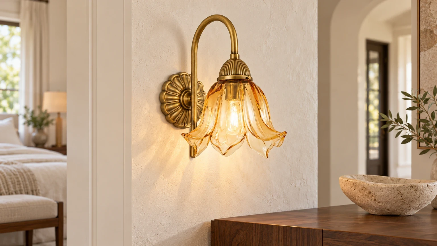 Wushlp Vintage Amber-Petal Glass Wall Light installed in a bright bedroom hallway
